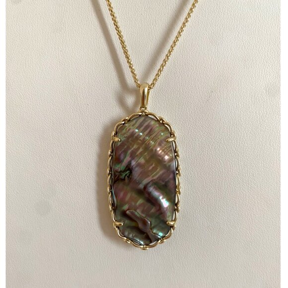 Authentic KENDRA SCOTT Gold Macrame Reid Long Necklace Abalone gold tone 15" - Picture 1 of 11